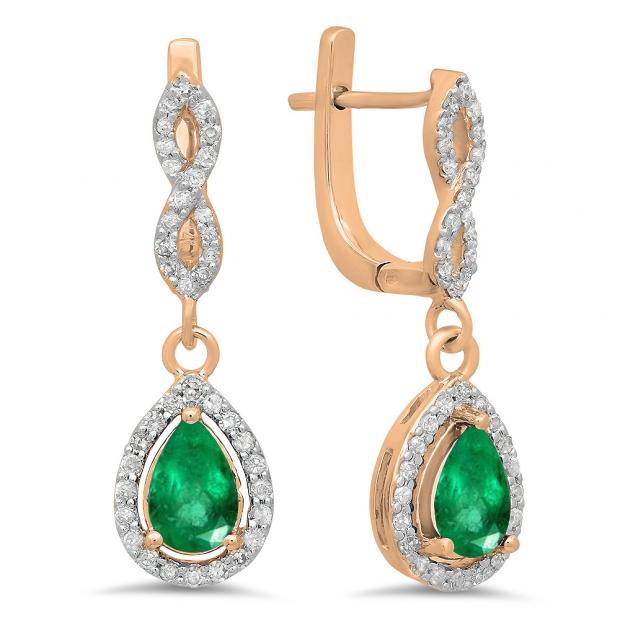 1.30 Carat (ctw) 14K Rose Gold Pear Cut Emerald & Round Cut White Diamond Ladies Halo Style Dangling Drop Earrings