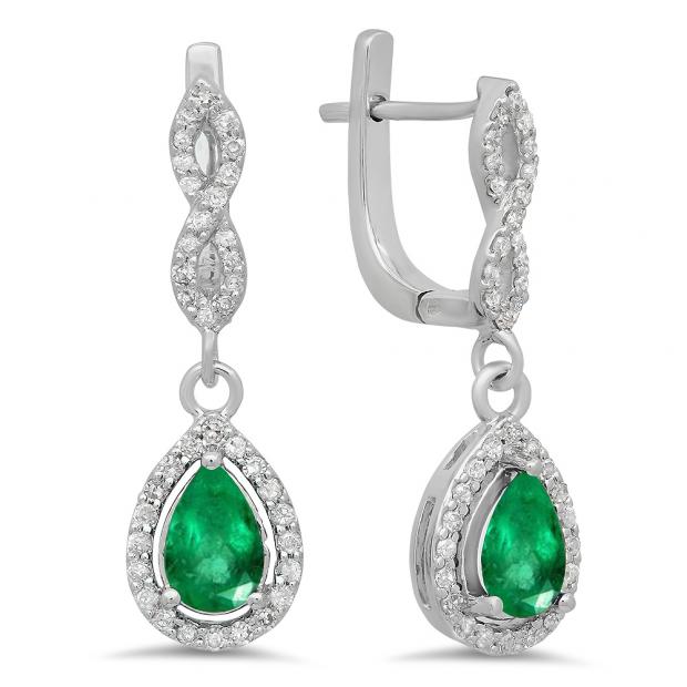1.30 Carat (ctw) 18K White Gold Pear Cut Emerald & Round Cut White Diamond Ladies Halo Style Dangling Drop Earrings