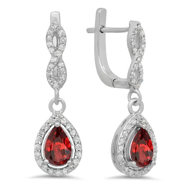 1.30 Carat (ctw) 10K White Gold Pear Cut Garnet & Round Cut White Diamond Ladies Halo Style Dangling Drop Earrings