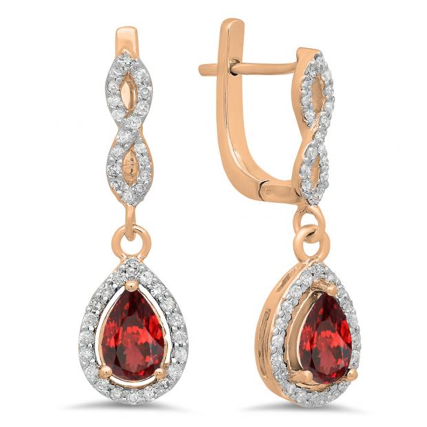 1.30 Carat (ctw) 14K Rose Gold Pear Cut Garnet & Round Cut White Diamond Ladies Halo Style Dangling Drop Earrings