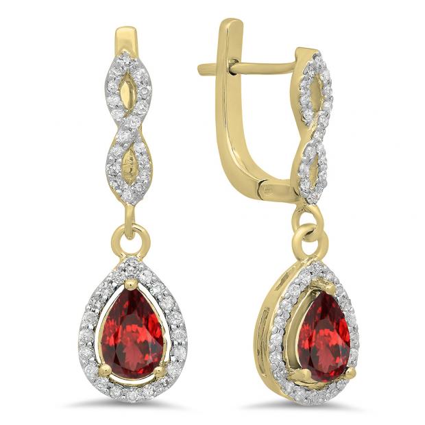 1.30 Carat (ctw) 14K Yellow Gold Pear Cut Garnet & Round Cut White Diamond Ladies Halo Style Dangling Drop Earrings