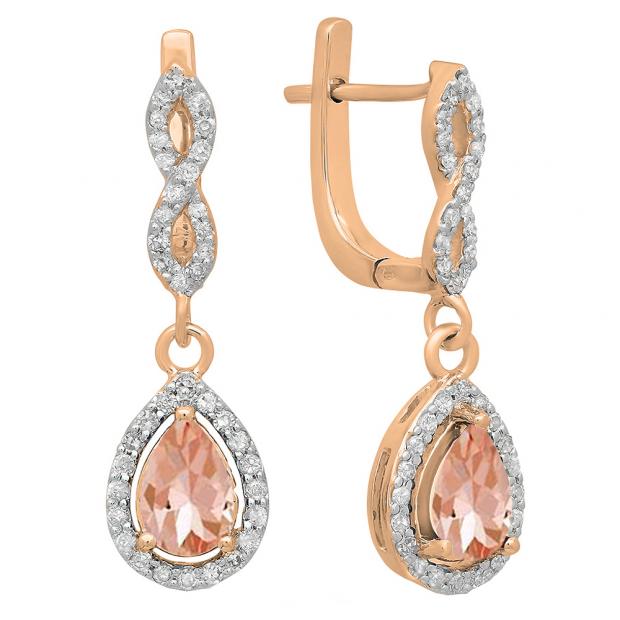 1.30 Carat (ctw) 10K Rose Gold Pear Cut Morganite & Round Cut White Diamond Ladies Halo Style Dangling Drop Earrings