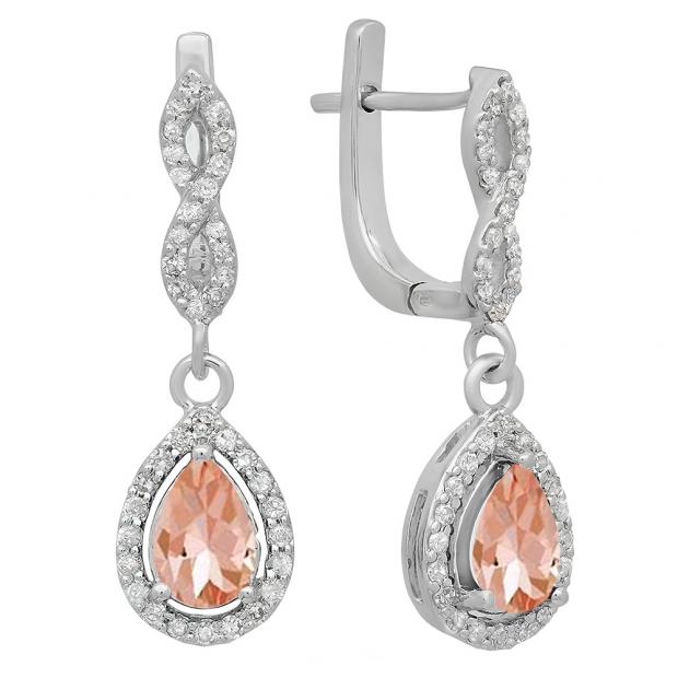 1.30 Carat (ctw) 10K White Gold Pear Cut Morganite & Round Cut White Diamond Ladies Halo Style Dangling Drop Earrings