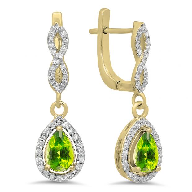 1.30 Carat (ctw) 14K Yellow Gold Pear Cut Peridot & Round Cut White Diamond Ladies Halo Style Dangling Drop Earrings