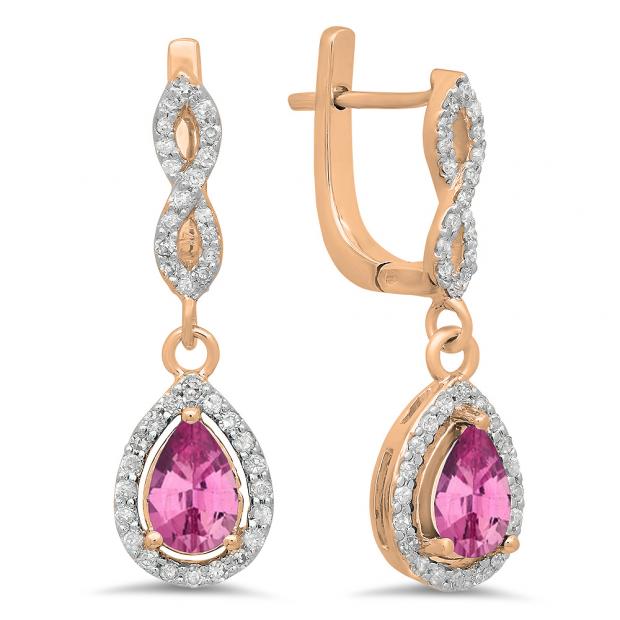 1.30 Carat (ctw) 10K Rose Gold Pear Cut Pink Sapphire & Round Cut White Diamond Ladies Halo Style Dangling Drop Earrings