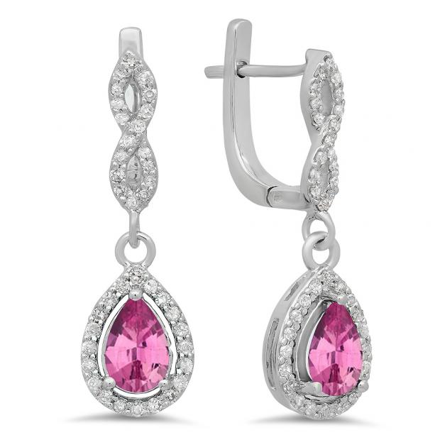 1.30 Carat (ctw) 10K White Gold Pear Cut Pink Sapphire & Round Cut White Diamond Ladies Halo Style Dangling Drop Earrings