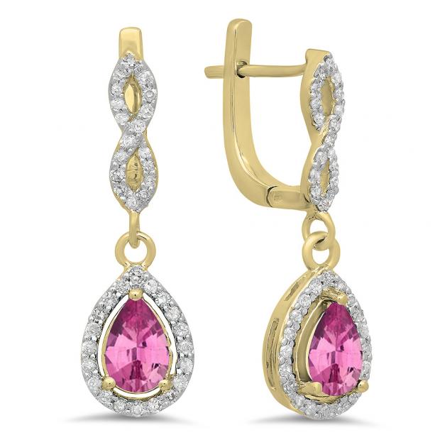1.30 Carat (ctw) 10K Yellow Gold Pear Cut Pink Sapphire & Round Cut White Diamond Ladies Halo Style Dangling Drop Earrings