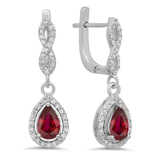 1.30 Carat (ctw) 14K White Gold Pear Cut Ruby & Round Cut White Diamond Ladies Halo Style Dangling Drop Earrings