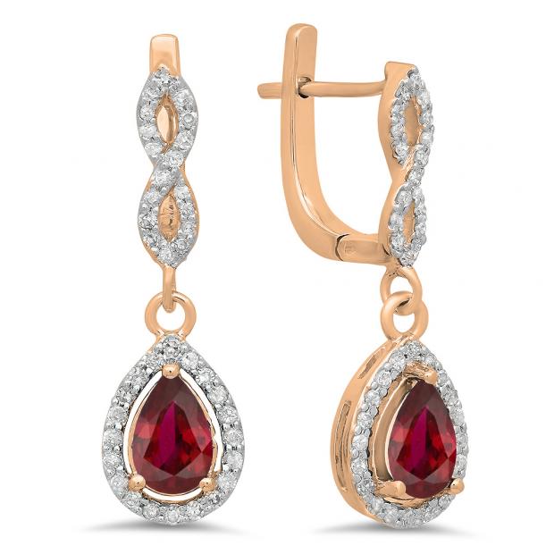1.30 Carat (ctw) 18K Rose Gold Pear Cut Ruby & Round Cut White Diamond Ladies Halo Style Dangling Drop Earrings