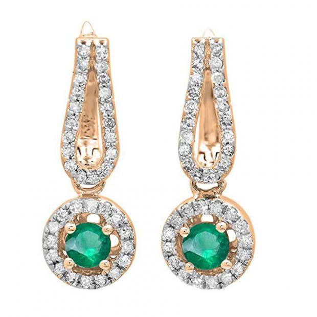 0.60 Carat (ctw) 14K Rose Gold Round White Diamond & Emerald Ladies Halo Style Dangling Drop Earrings