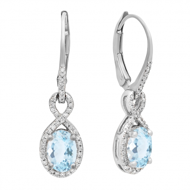 7x5mm Each Oval Aquamarine & Round White Diamond Infinity Dangling Lever Back Earrings for Women in 10K White Gold