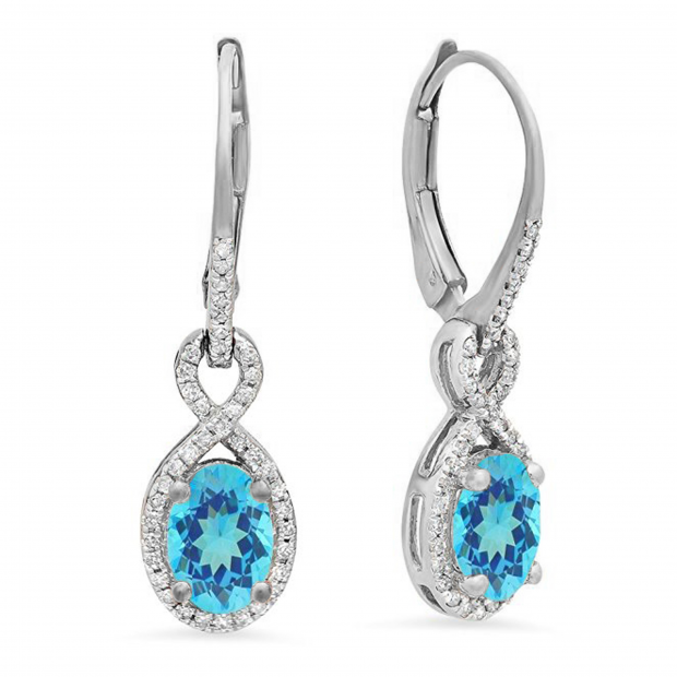 7X5 MM Each Oval Blue Topaz & Round White Diamond Ladies Infinity Dangling Earrings 18K White Gold