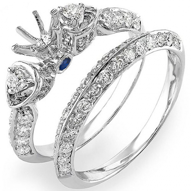 1.20 Carat (ctw) 18K White Gold Round Blue Sapphire & White Diamond Ladies Semi Mount Bridal Engagement Ring Set 1 1/4 CT (No Center Stone)