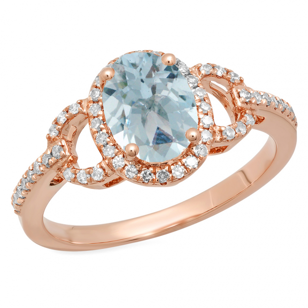 1.45 Carat (ctw) 10K Rose Gold Oval Cut Aquamarine & Round Cut White Diamond Ladies Bridal Halo Style Engagement Ring 1 1/2 CT