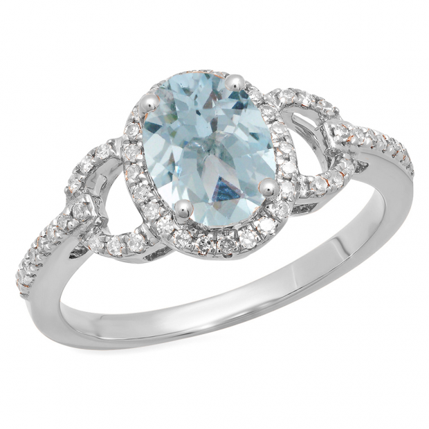 1.45 Carat (ctw) 14K White Gold Oval Cut Aquamarine & Round Cut White Diamond Ladies Bridal Halo Style Engagement Ring 1 1/2 CT