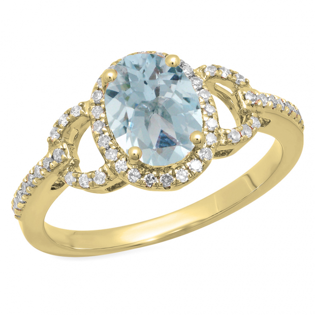 1.45 Carat (ctw) 14K Yellow Gold Oval Cut Aquamarine & Round Cut White Diamond Ladies Bridal Halo Style Engagement Ring 1 1/2 CT