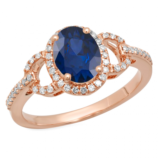 1.45 Carat (ctw) 14K Rose Gold Oval Cut Blue Sapphire & Round Cut White Diamond Ladies Bridal Halo Style Engagement Ring 1 1/2 CT