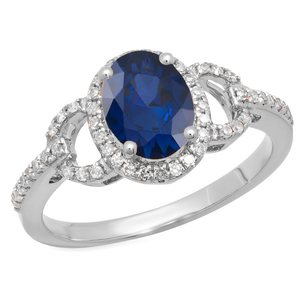 1.45 Carat (ctw) 14K White Gold Oval Cut Blue Sapphire & Round Cut White Diamond Ladies Bridal Halo Style Engagement Ring 1 1/2 CT