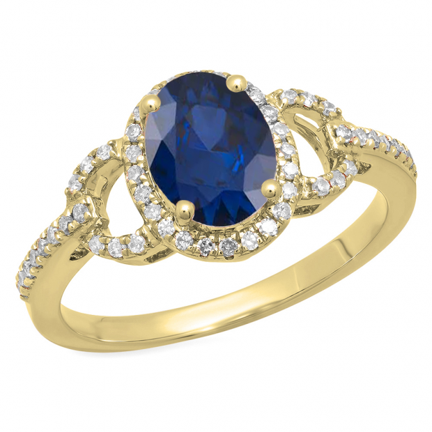 1.45 Carat (ctw) 14K Yellow Gold Oval Cut Blue Sapphire & Round Cut White Diamond Ladies Bridal Halo Style Engagement Ring 1 1/2 CT