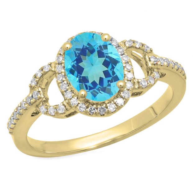 1.45 Carat (ctw) 14K Yellow Gold Oval Cut Blue Topaz & Round Cut White Diamond Ladies Bridal Halo Style Engagement Ring 1 1/2 CT