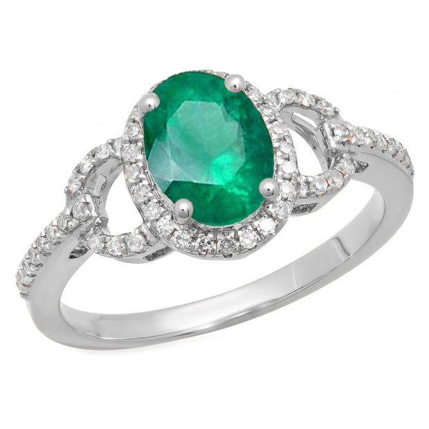 1.45 Carat (ctw) 18K White Gold Oval Cut Emerald & Round Cut White Diamond Ladies Bridal Halo Style Engagement Ring 1 1/2 CT