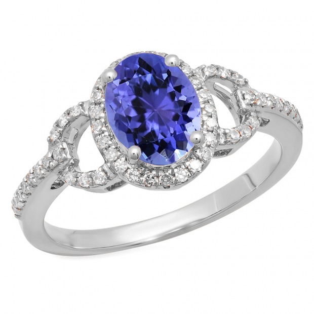 1.45 Carat (ctw) 14K White Gold Oval Cut Tanzanite & Round Cut White Diamond Ladies Bridal Halo Style Engagement Ring 1 1/2 CT