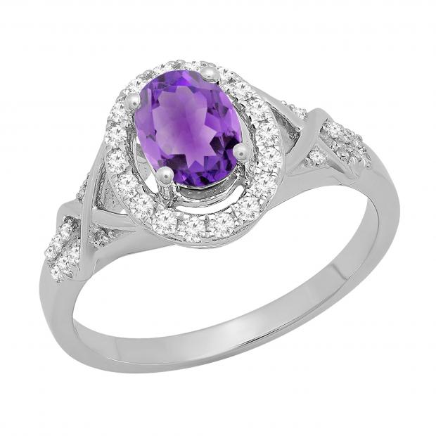 7x5mm Oval Amethyst & Round White Diamond Split Shank Halo Engagement Ring for Women (0.25 ctw, Color I-J, Clarity I2-I3) 10K White Gold