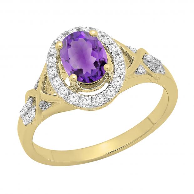 7x5mm Oval Amethyst & Round White Diamond Split Shank Halo Engagement Ring for Women (0.25 ctw, Color I-J, Clarity I2-I3) 10K Yellow Gold