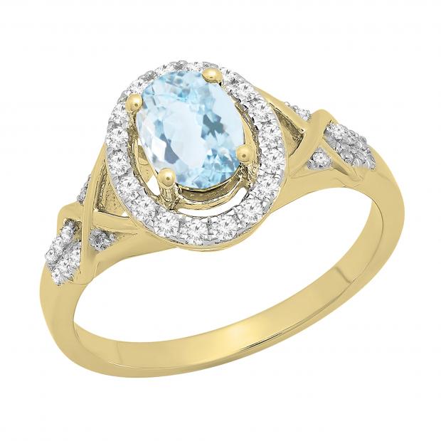 7x5mm Oval Aquamarine & Round White Diamond Split Shank Halo Engagement Ring for Women (0.25 ctw, Color I-J, Clarity I2-I3) 10K Yellow Gold