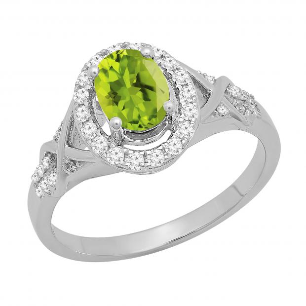 7x5mm Oval Peridot & Round White Diamond Split Shank Halo Engagement Ring for Women (0.25 ctw, Color I-J, Clarity I1-I2) 18K White Gold