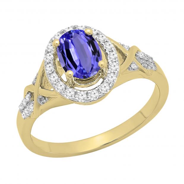 7x5mm Oval Tanzanite & Round White Diamond Split Shank Halo Engagement Ring for Women (0.25 ctw, Color I-J, Clarity I1-I2) 14K Yellow Gold