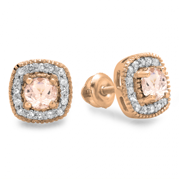 0.70 Carat (ctw) Rose Gold Plated Sterling Silver Round Cut Morganite & White Diamond Ladies Halo Stud Earrings 3/4 CT