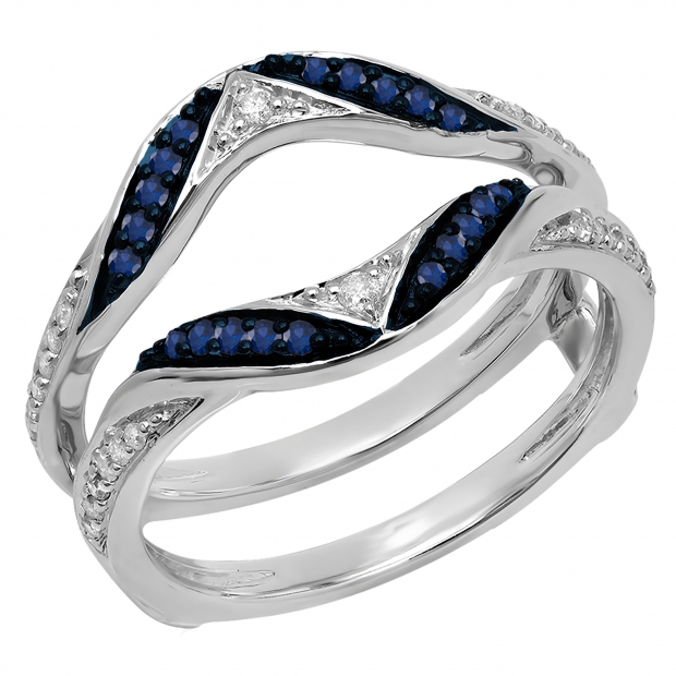 0.30 Carat (ctw) 10K White Gold Round Blue Sapphire & White Diamond Ladies Anniversary Wedding Band Guard Double Ring 1/3 CT