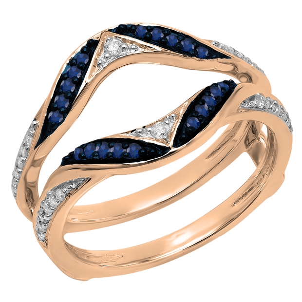 0.30 Carat (ctw) 18K Rose Gold Round Blue Sapphire & White Diamond Ladies Anniversary Wedding Band Guard Double Ring 1/3 CT