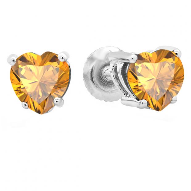 1.00 Carat (ctw) 10K White Gold Heart Shape Natural Citrine Ladies Stud Earrings 1 CT