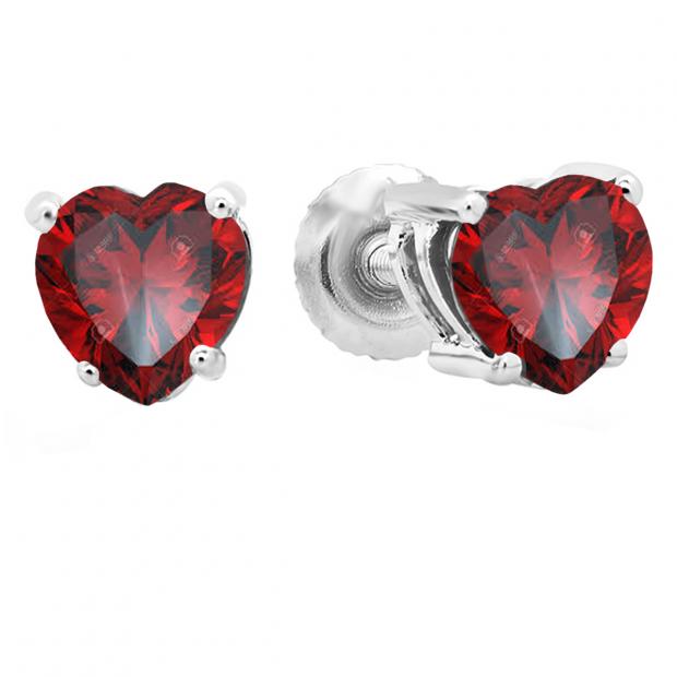 1.00 Carat (ctw) 18K White Gold Heart Shape Natural Garnet Ladies Stud Earrings 1 CT