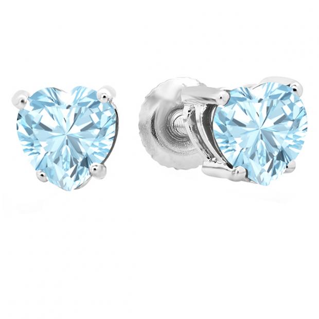 1.00 Carat (ctw) 14K White Gold Heart Shape Natural Aquamarine Ladies Stud Earrings 1 CT