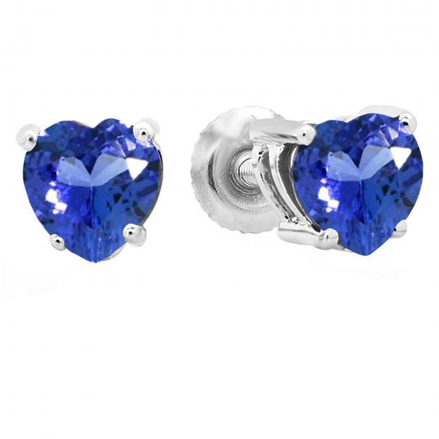 1.00 Carat (ctw) 18K White Gold Heart Shape Natural Tanzanite Ladies Stud Earrings 1 CT
