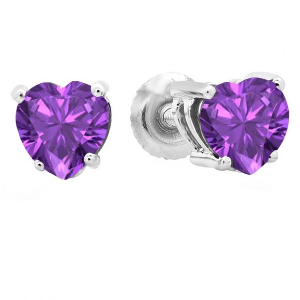 1.00 Carat (ctw) 18K White Gold Heart Shape Natural Amethyst Ladies Stud Earrings 1 CT