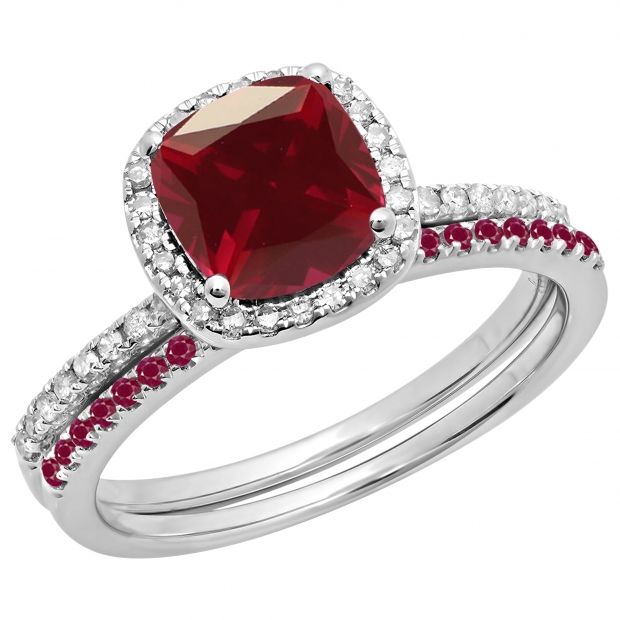 1.75 Carat (ctw) 10K White Gold Cushion & Round Cut Ruby & Round Cut White Diamond Ladies Bridal Halo Engagement Ring With Matching Band Set 1 3/4 CT