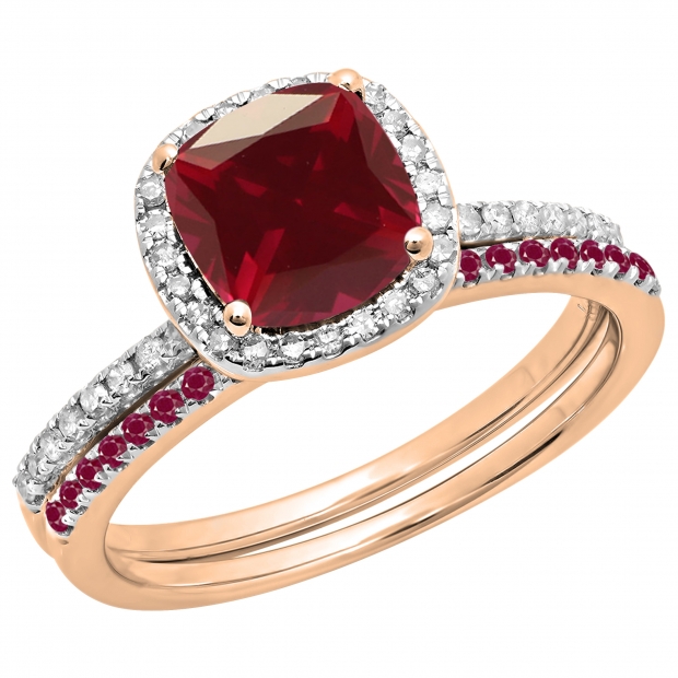 1.75 Carat (ctw) 14K Rose Gold Cushion & Round Cut Ruby & Round Cut White Diamond Ladies Bridal Halo Engagement Ring With Matching Band Set 1 3/4 CT