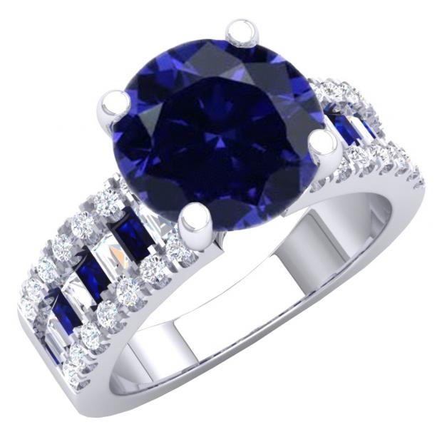 5.80 Carat (ctw) 10K White Gold Round & baguette Blue & White Cubic Zirconia CZ Classic Solitaire with Accents Bridal Engagement Ring