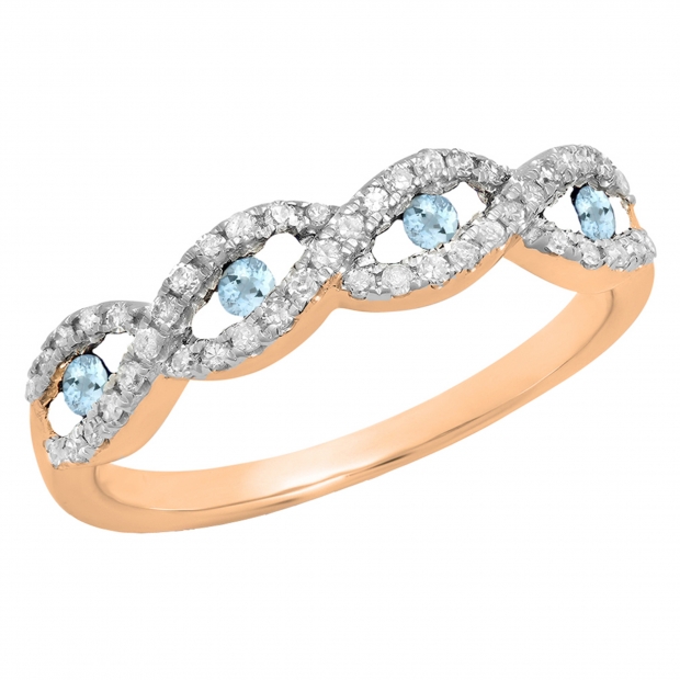 0.28 Carat (ctw) 10K Rose Gold Round Aquamarine & White Diamond Ladies Bridal Stackable Anniversary Wedding Band Swirl Ring 1/4 CT