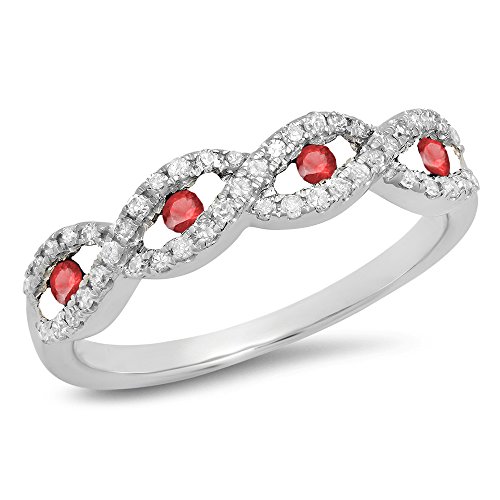 0.28 Carat (ctw) 18K Yellow Gold Round Ruby & White Diamond Ladies Bridal Stackable Anniversary Wedding Band Swirl Ring 1/4 CT
