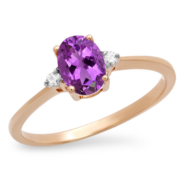 0.75 Carat (ctw) 10K Rose Gold Oval Cut Amethyst & Round White Diamond Ladies Bridal Promise Engagement Ring 3/4 CT