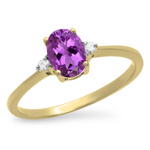 0.75 Carat (ctw) 10K Yellow Gold Oval Cut Amethyst & Round White Diamond Ladies Bridal Promise Engagement Ring 3/4 CT