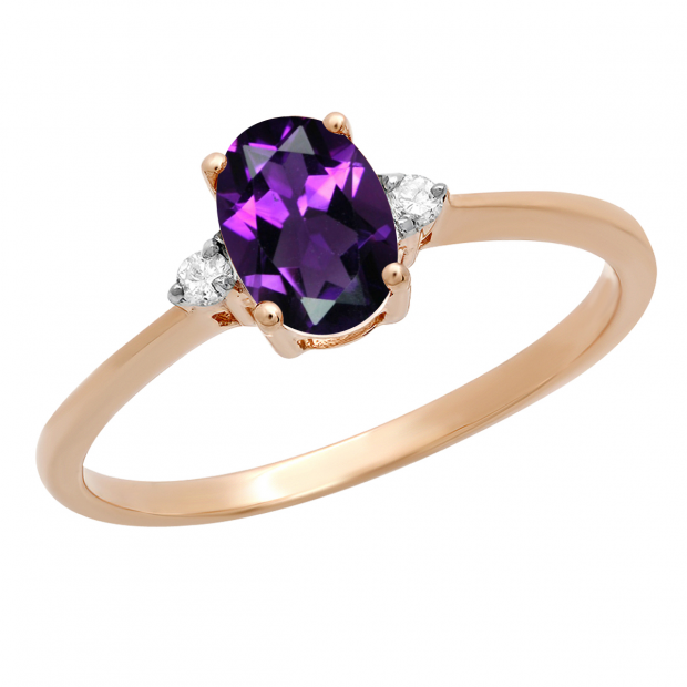 0.75 Carat (ctw) 18K Rose Gold Oval Cut Amethyst & Round White Diamond Ladies Bridal Promise Engagement Ring 3/4 CT