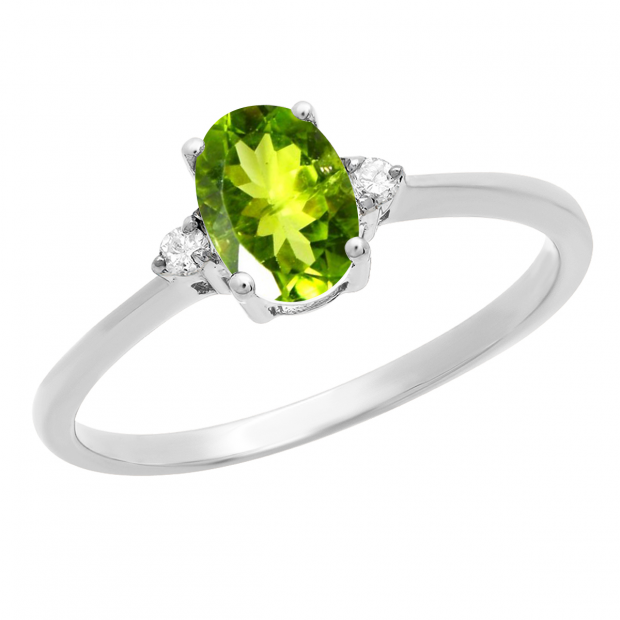 0.75 Carat (ctw) 10K White Gold Oval Cut Peridot & Round White Diamond Ladies Bridal Promise Engagement Ring 3/4 CT