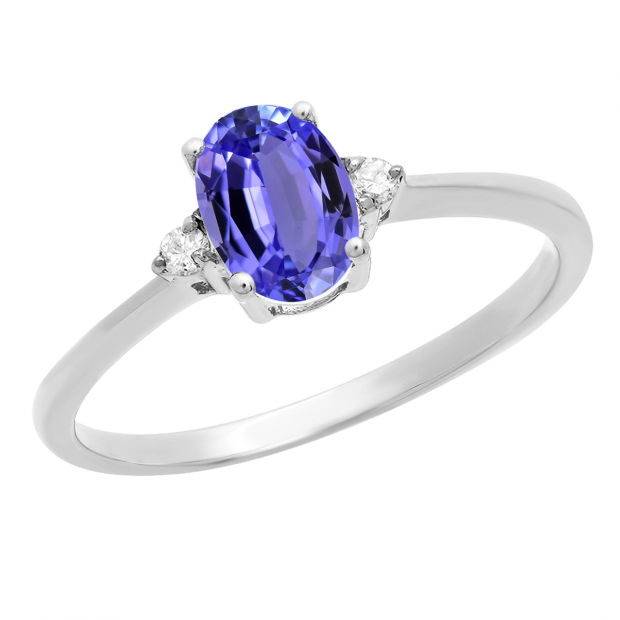 0.75 Carat (ctw) 10K White Gold Oval Cut Tanzanite & Round White Diamond Ladies Bridal Promise Engagement Ring 3/4 CT