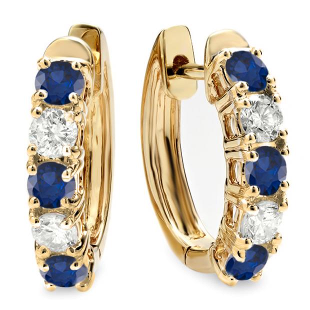 1.00 Carat (ctw) 10K Yellow Gold Round Blue Sapphire & White Diamond Ladies Huggies Hoop Earrings 1 CT